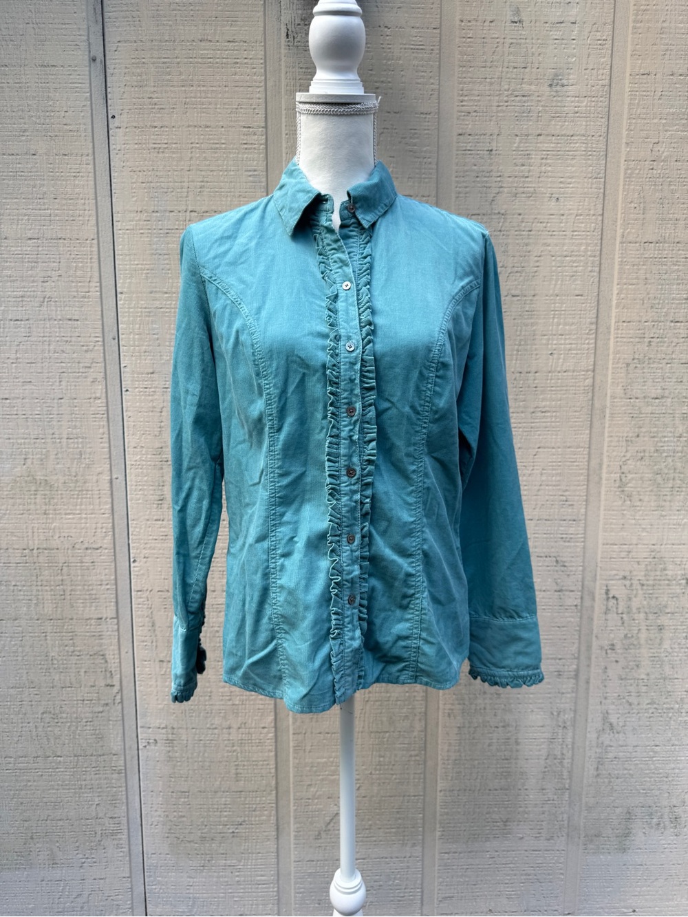 Harold's Teal Corduroy Ruffle-Trim Button-Down Shirt